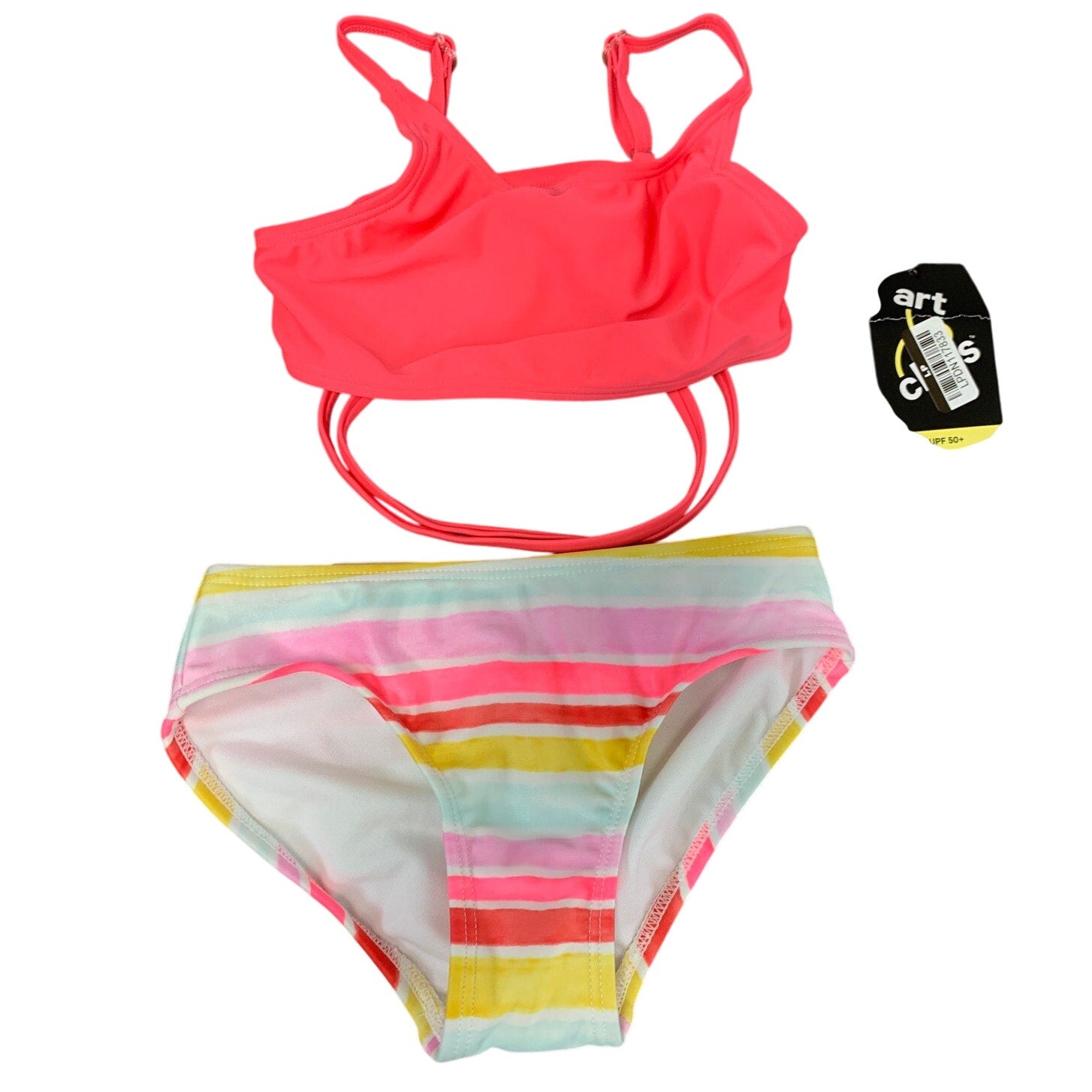 New Art Class Girls XS (4/5) UPF 50+ Neon Stripe Belly Strap Bikini 2PC Swimsuit