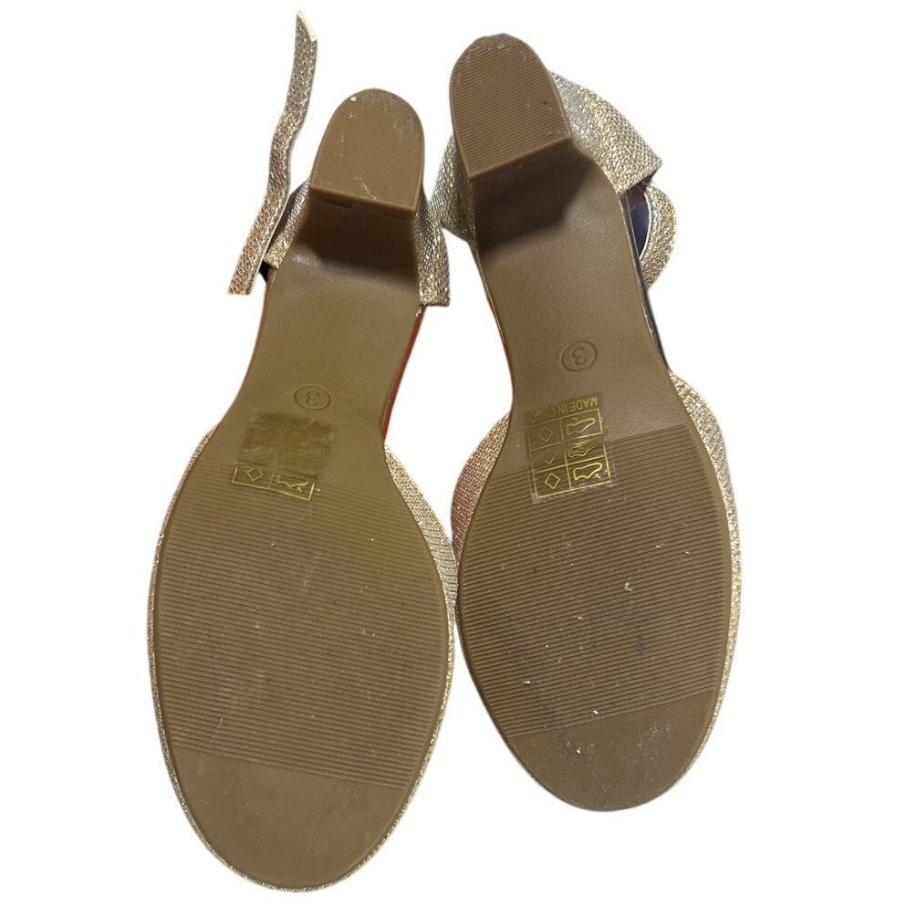Laurmosa Girl Size 3 Gold Glitter Ankle Strap Low 2" Heel Closed Toe Dress Shoes