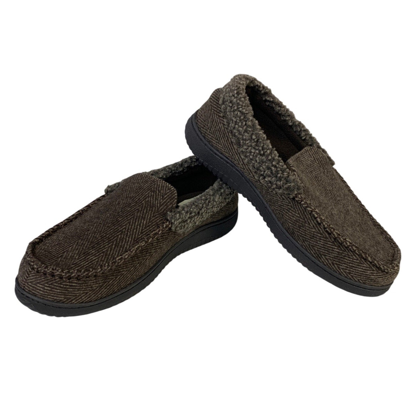 Dearfoams Mens Medium 9/10 Brown Tweed Memory Foam Washable Moccasin Slippers