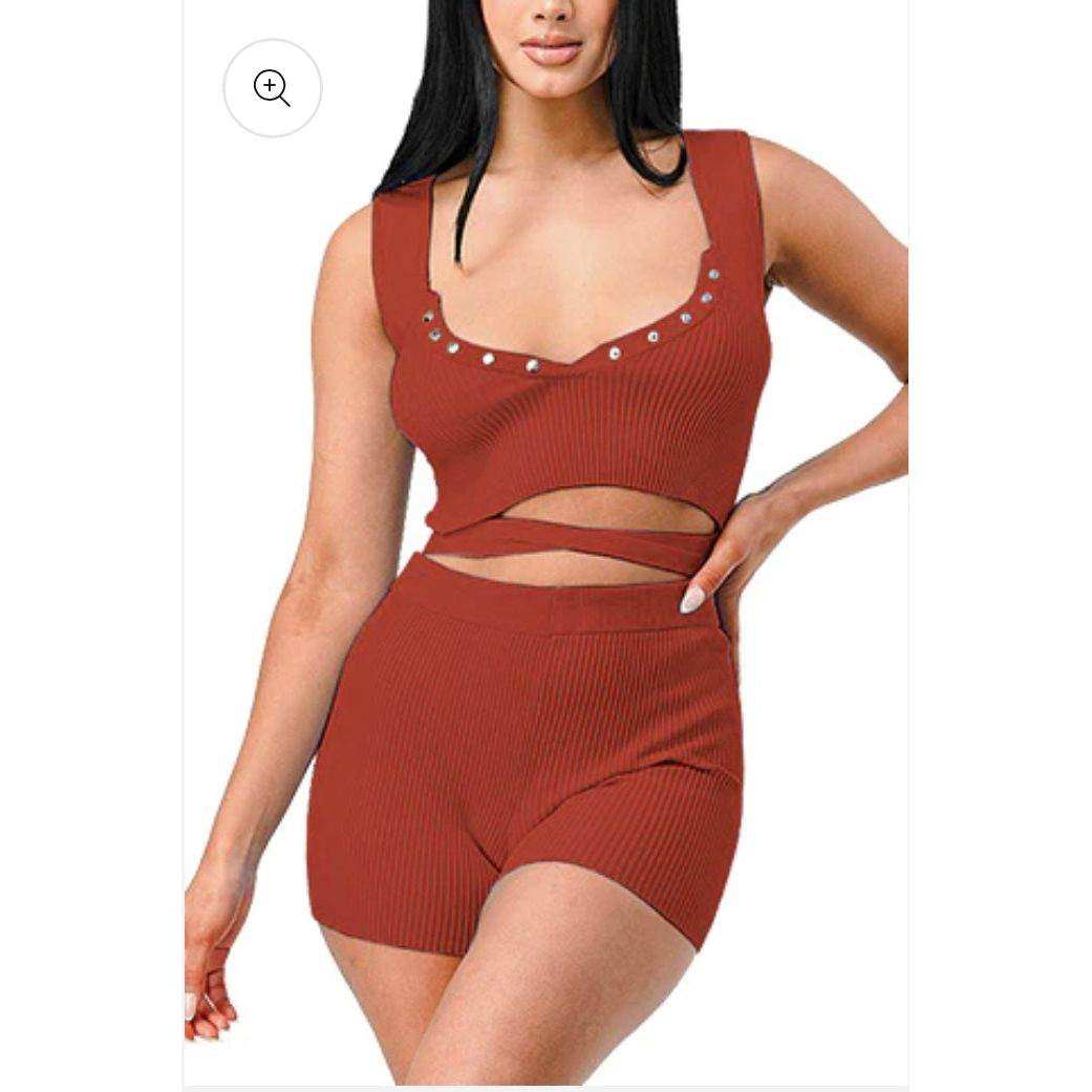 LUXURY KNIT WAIST TIED CROP TOP & SHORT SET
