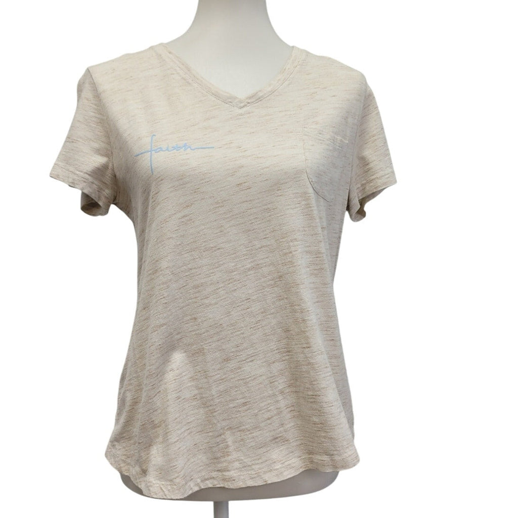 Hand Printed Upcycled Womens Large Light Blue FAITH Short Sleeve Tee Shirt