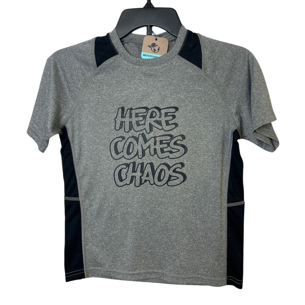 New Hand Printed Boys Small Heathered Here Comes Chaos Short Sleeve Tee Shirt