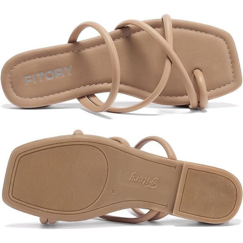 Fitory Womens Size 9 Tan Faux Leather Toe Ring Slide On Cross Strap Sandal Shoes