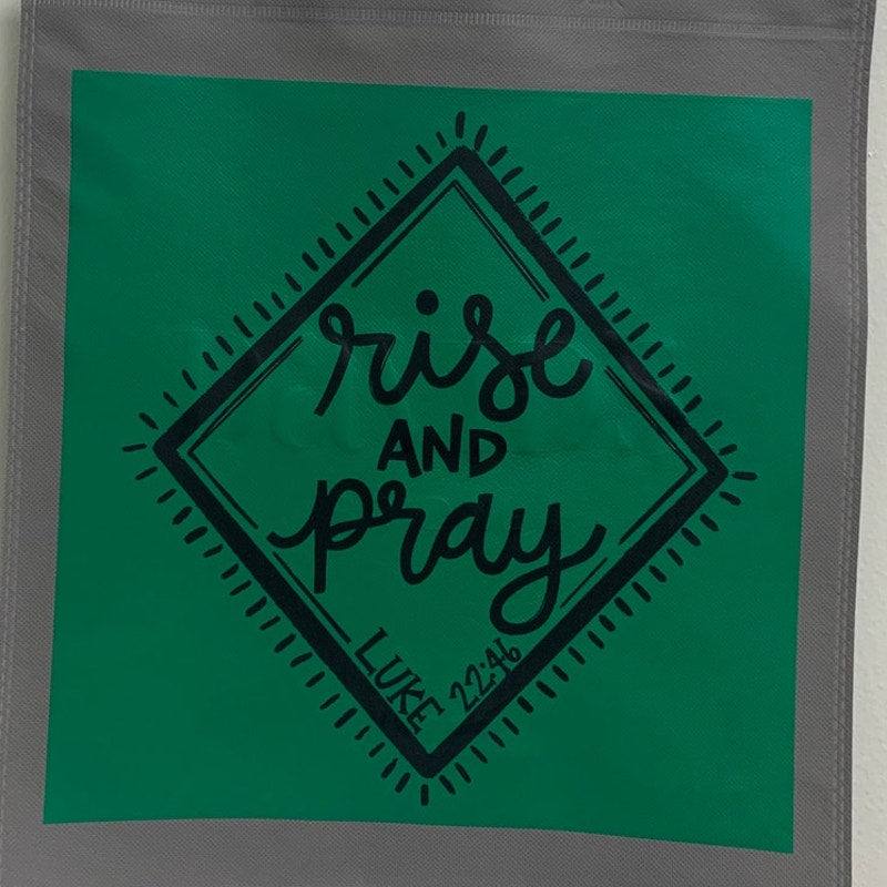 New Upcycled Hand Printed Rise and Pray Luke 22:46 Bible Quote Shopper Tote Bag