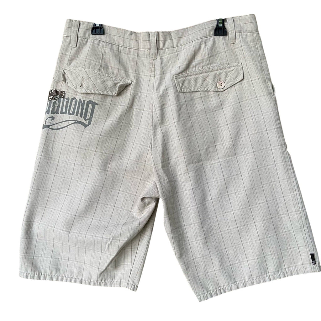 Men's Billabong Mens Size 34 PolyCotton Beige Plaid Print Shorts w Pockets
