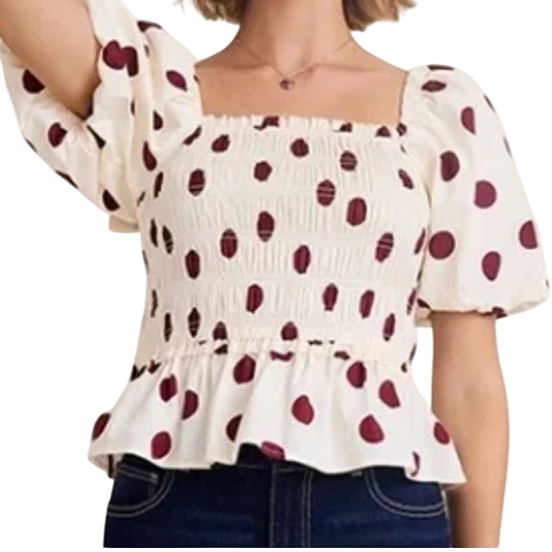 New Francescas Womens Medium Cream Burgundy Polka Dot Stretch Cotton Smocked Top