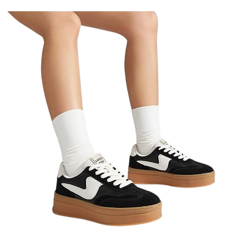 Lucky Step Womens 8 Black 1.5" Platform Sneakers Lace Up Round Close Toe Shoes