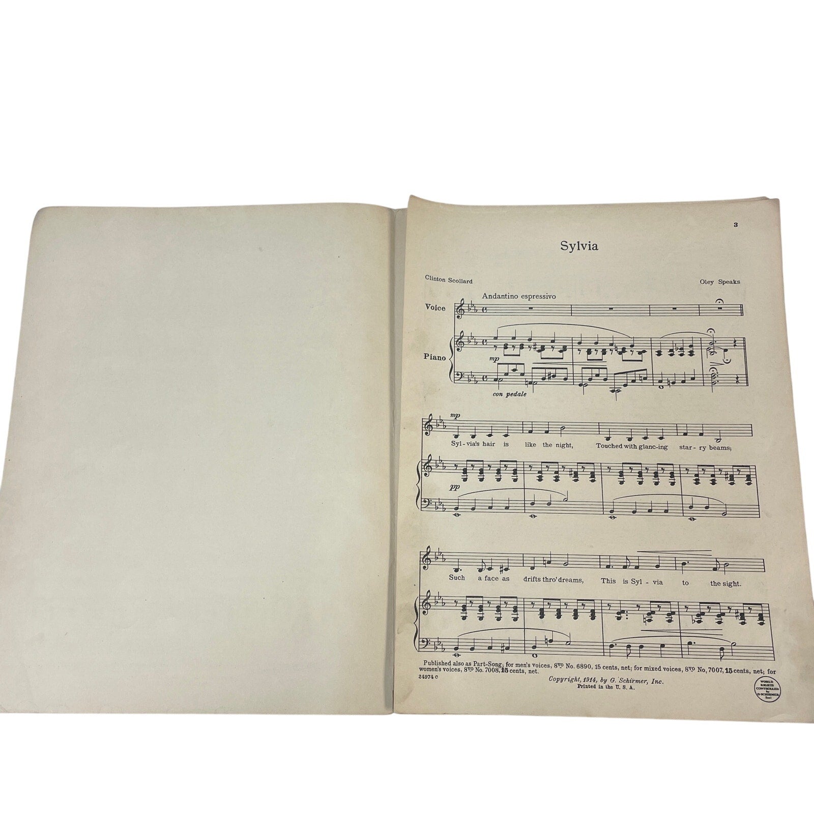 Antique 1914 Sylvia Song by Oley Speaks by G Schirmer Inc Piano Sheet Music