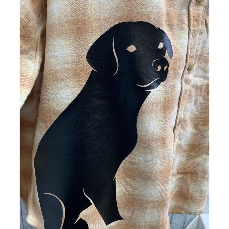 New Hand Printed Womens Medium Black Lab Dog Long Sleeve Plaid Flannel Hoodie
