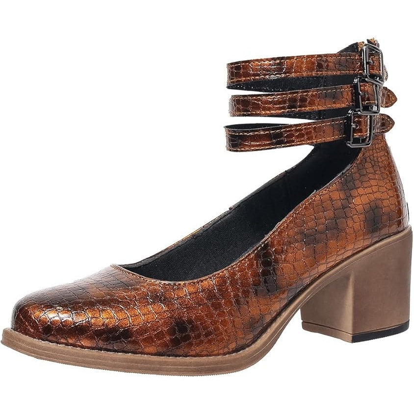 Womens Size 9.5 Copper Black Faux Snake Skin 2.5" Block Heel Mary Jane Shoes