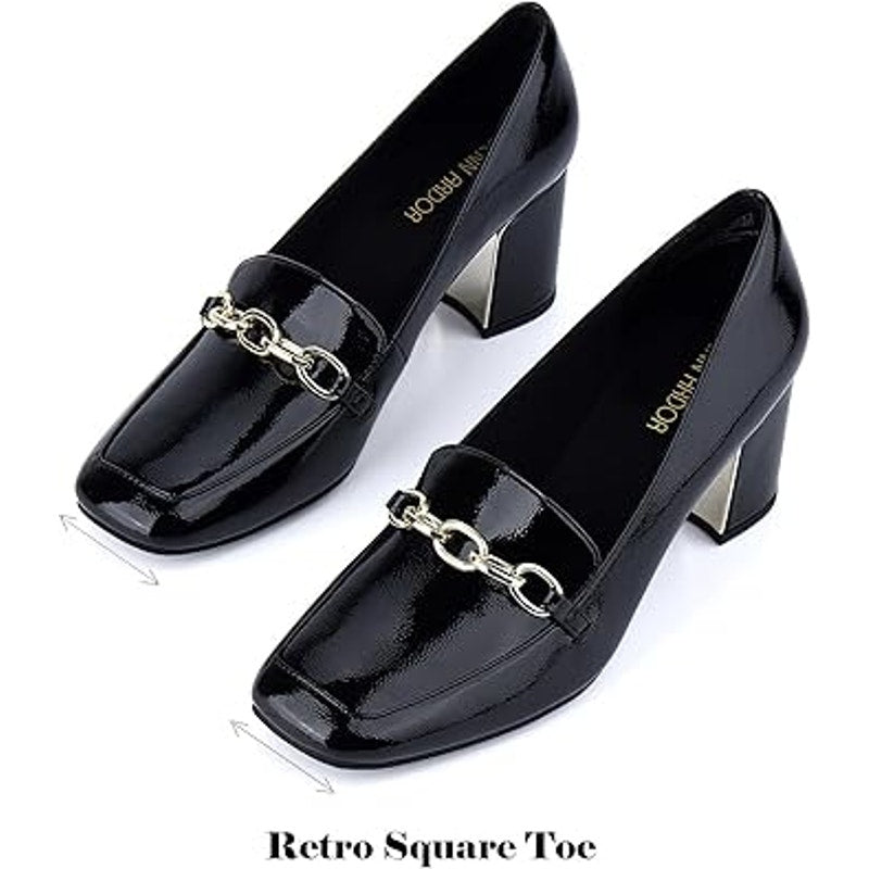 New Jenn Ardor Womens Size 8.5 Black Faux Leather Gold Chain 3" Block Heel Shoes