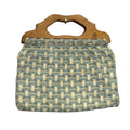 Vintage 1980s Handmade Wood Handle Woven Yarn Fabric Purse Handbag Bag