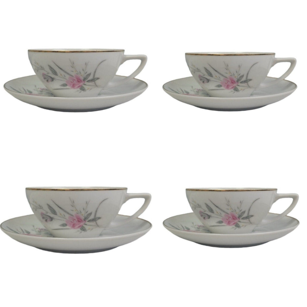 Set of 4 Vintage Golden Rose Flower Gold Rim Fine China Japan Teacups Saucers