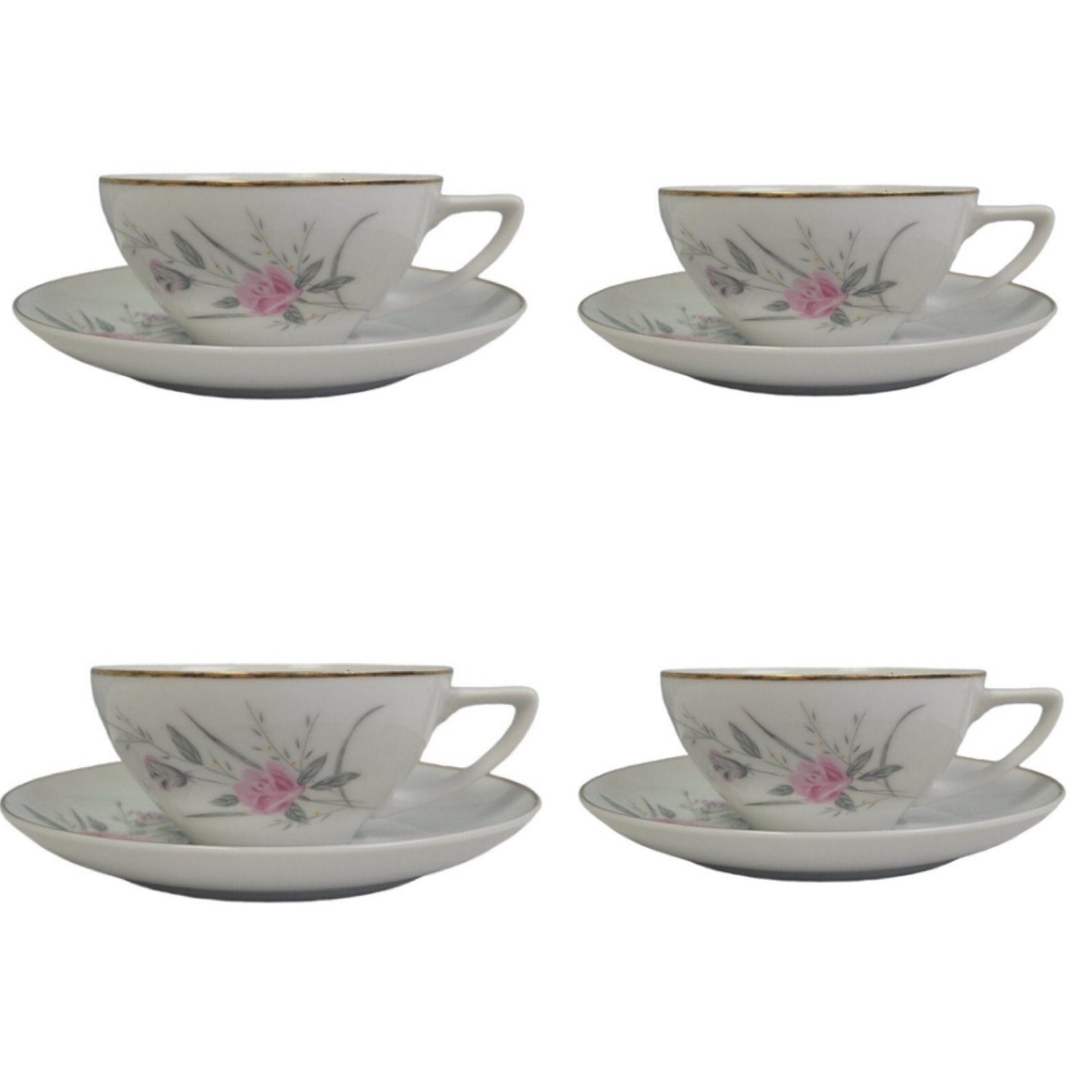Set of 4 Vintage Golden Rose Flower Gold Rim Fine China Japan Teacups Saucers