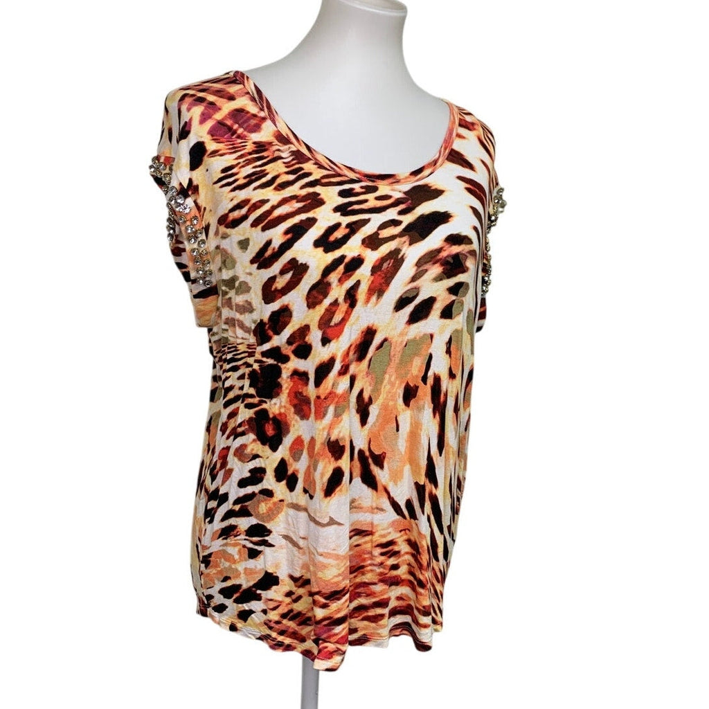Jennifer Lopez Womens Large 100% Rayon Sleeveless Leopard Print Bejeweled Top
