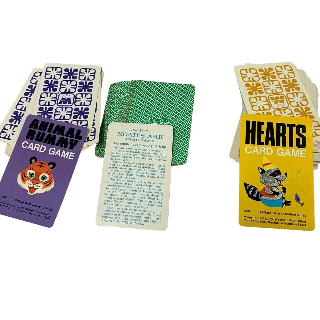 3 Vintage 1970s Kids Card Games Noah's Ark Animal Rummy Hearts Decks