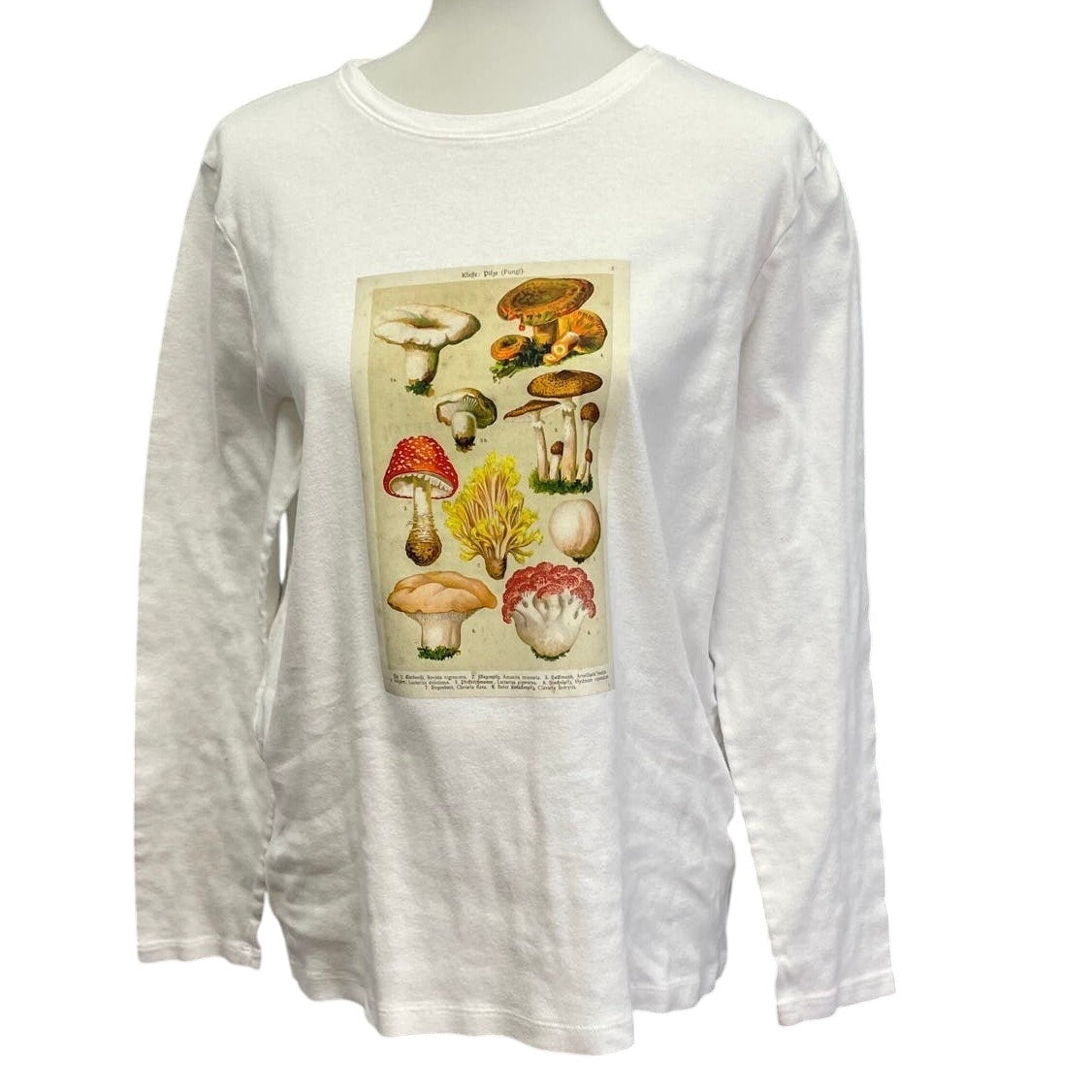 Hand Printed Upcycled Womens XL Vintage Reference Book Mushroom Fungi Long Tee