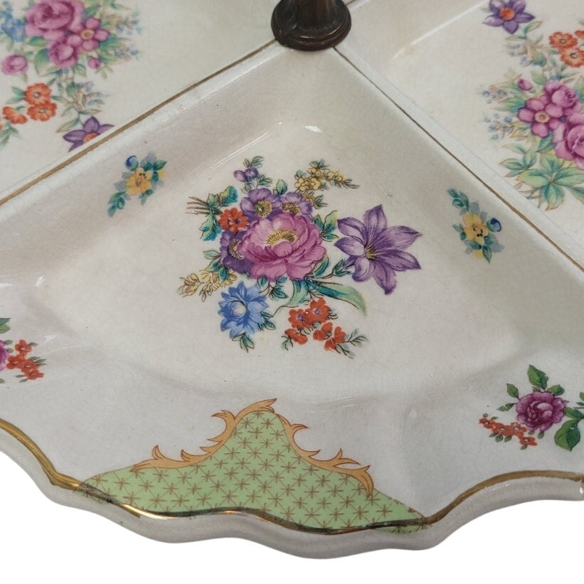 Vintage Made In Japan Floral Fine China Hand Painted Divided Plate Dish w Handle