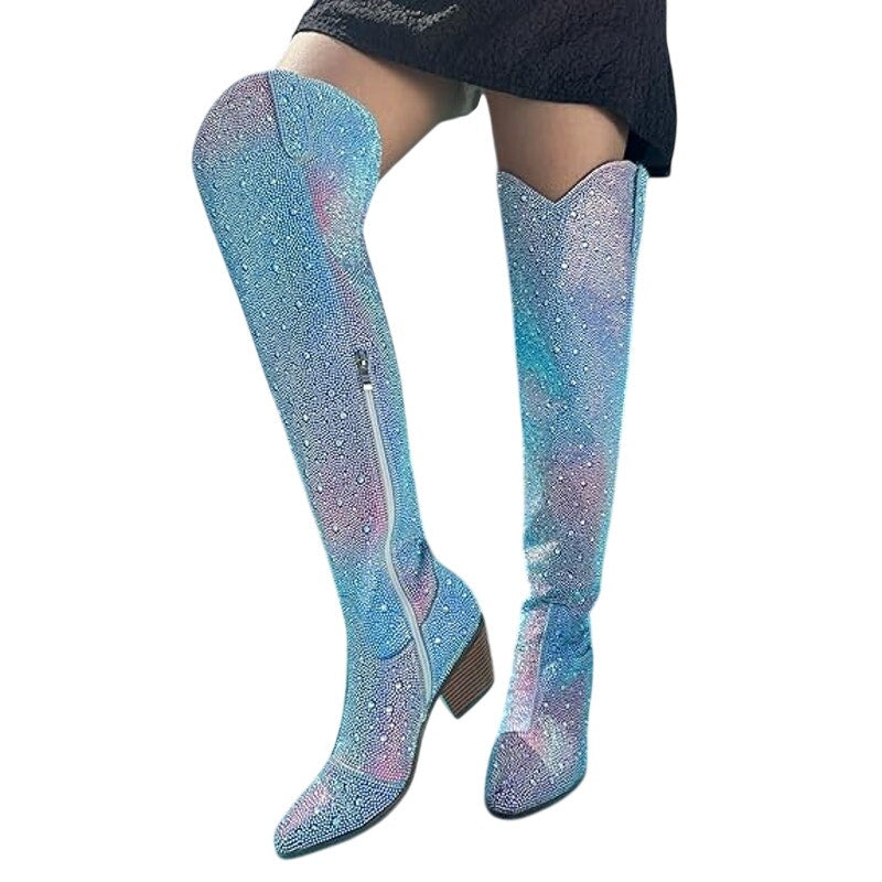 Ronilurn Womens Size 6.5 Rainbow Blue Pink Rhinestone Over the Knee Cowboy Boots