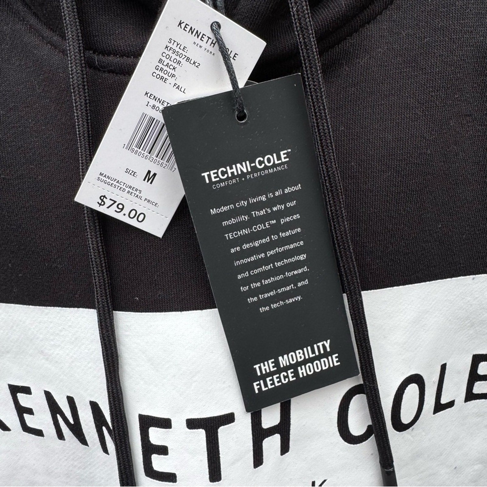 NWT New Kenneth Cole Mens Large Black Mobility Fleece Hoodie Hooded Sweatshirt