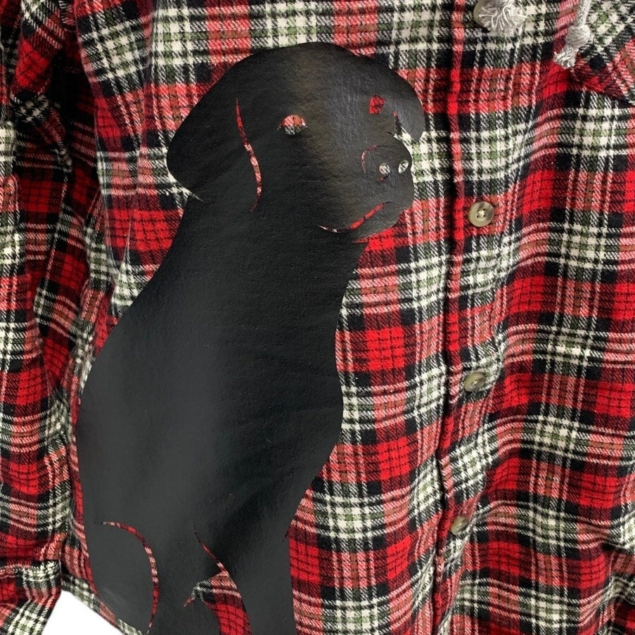 New Hand Printed Womens Medium Black Lab Dog Long Sleeve Plaid Flannel Hoodie