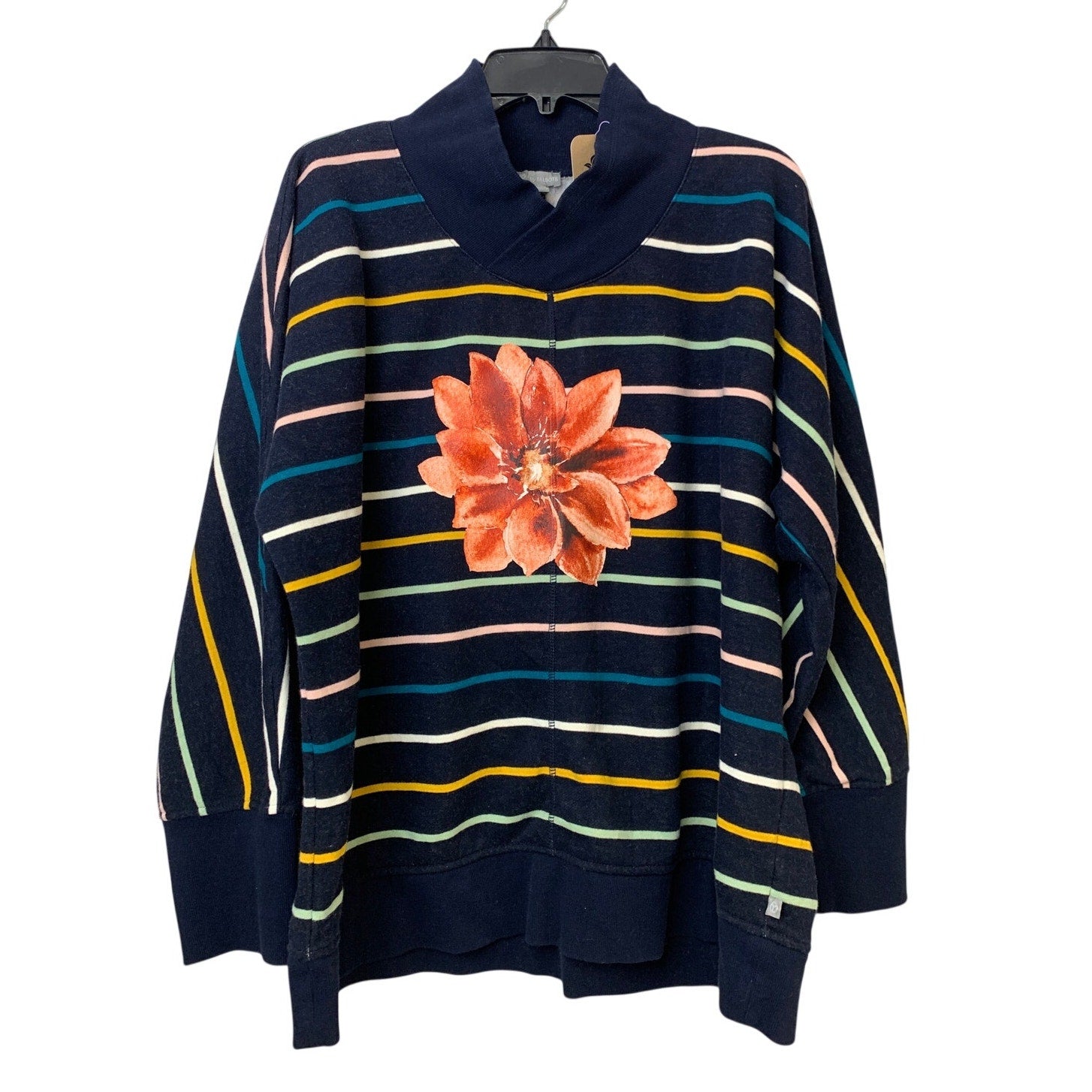 Upcycled Hand Printed Womens Size XL Poinsettia Red Flower Striped Sweatshirt