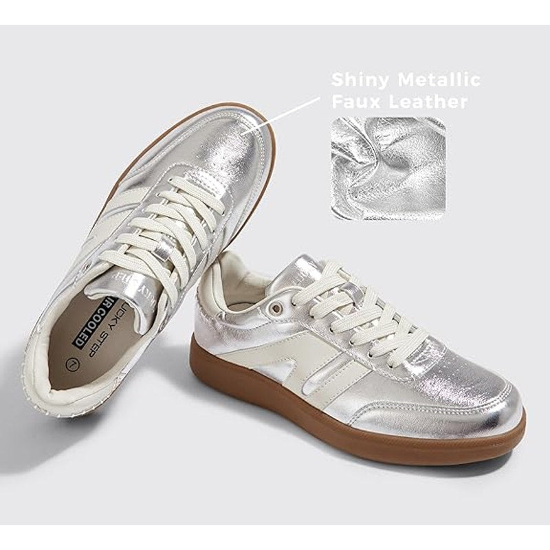New Lucky Step Womens 8 Silver Lace Up Classic Retro Gum Sole Fashion Sneakers