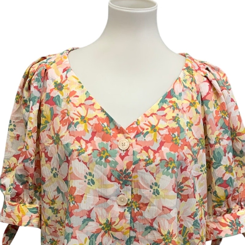 LC Lauren Conrad Womens XL Pastel Floral Cottage Core Tied Sleeve Button Up Top