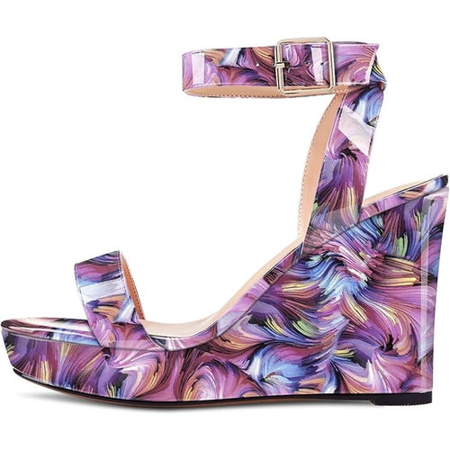 Aachcol Womens Size 9 Purple 4" Wedge Heel Open Round Toe Ankle Strap Shoes