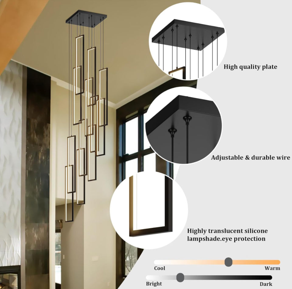 UPGENT Simple Modern LED Chandelier Stair Chandelier Dimmable 12 Ring Rectangular Chandelier high Door for Living Room lamp Hall lamp Remote Control