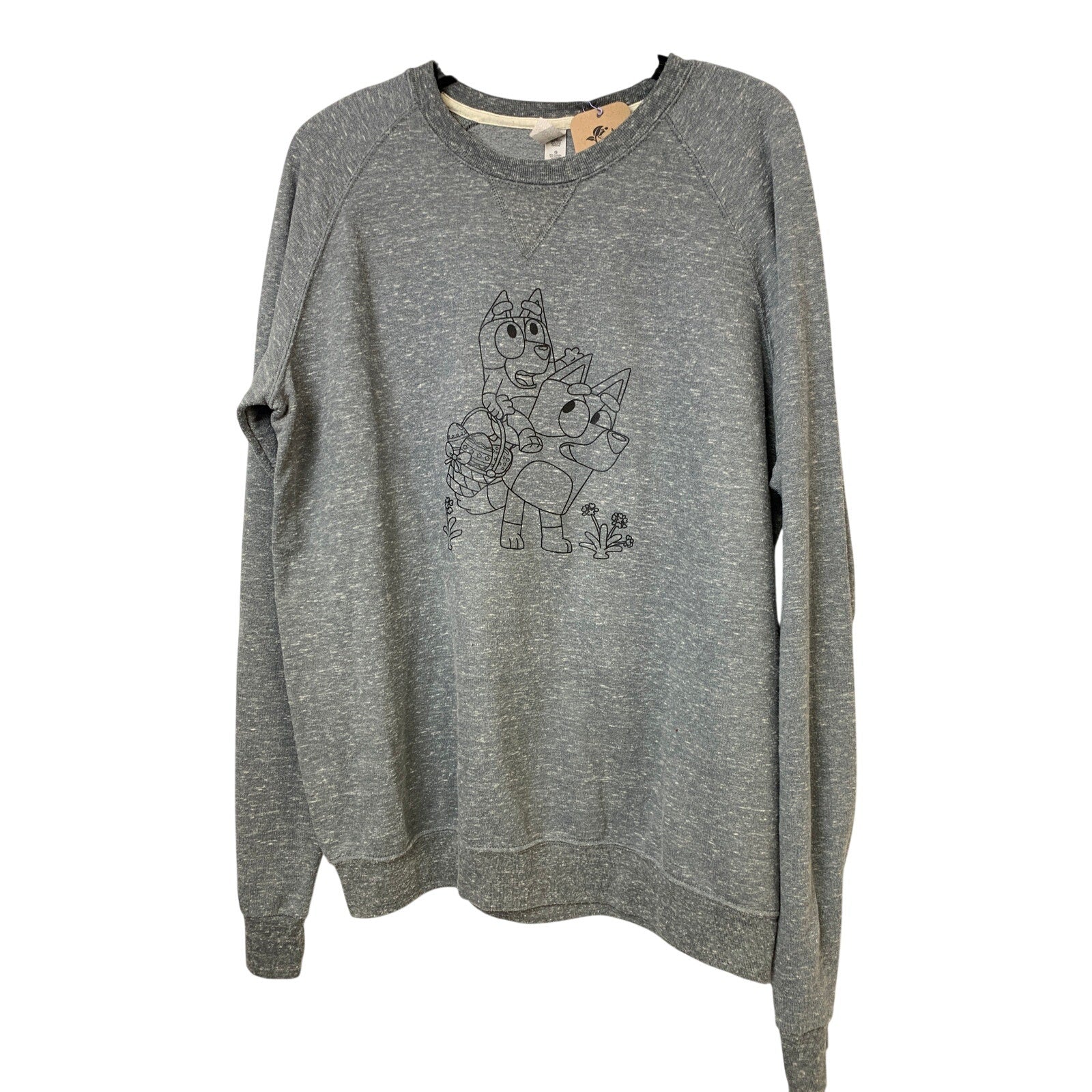 Upcycled Hand Printed Womens Large Bluey Bingo Easter Egg Long Sleeve Sweatshirt