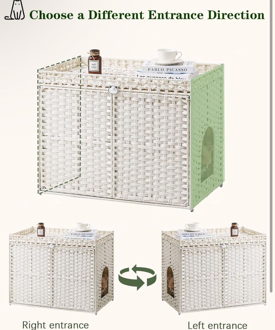 Brand New SETVSON Cat Litter Box Enclosure Furniture, Handwoven Rattan Hidden Litter Box with Mat, Large Space Cat House with
2 S-Shaped Hooks 30.3 x 18.3 x 24.4 Inches, Indoor for Living Room Apartment White
PABLO