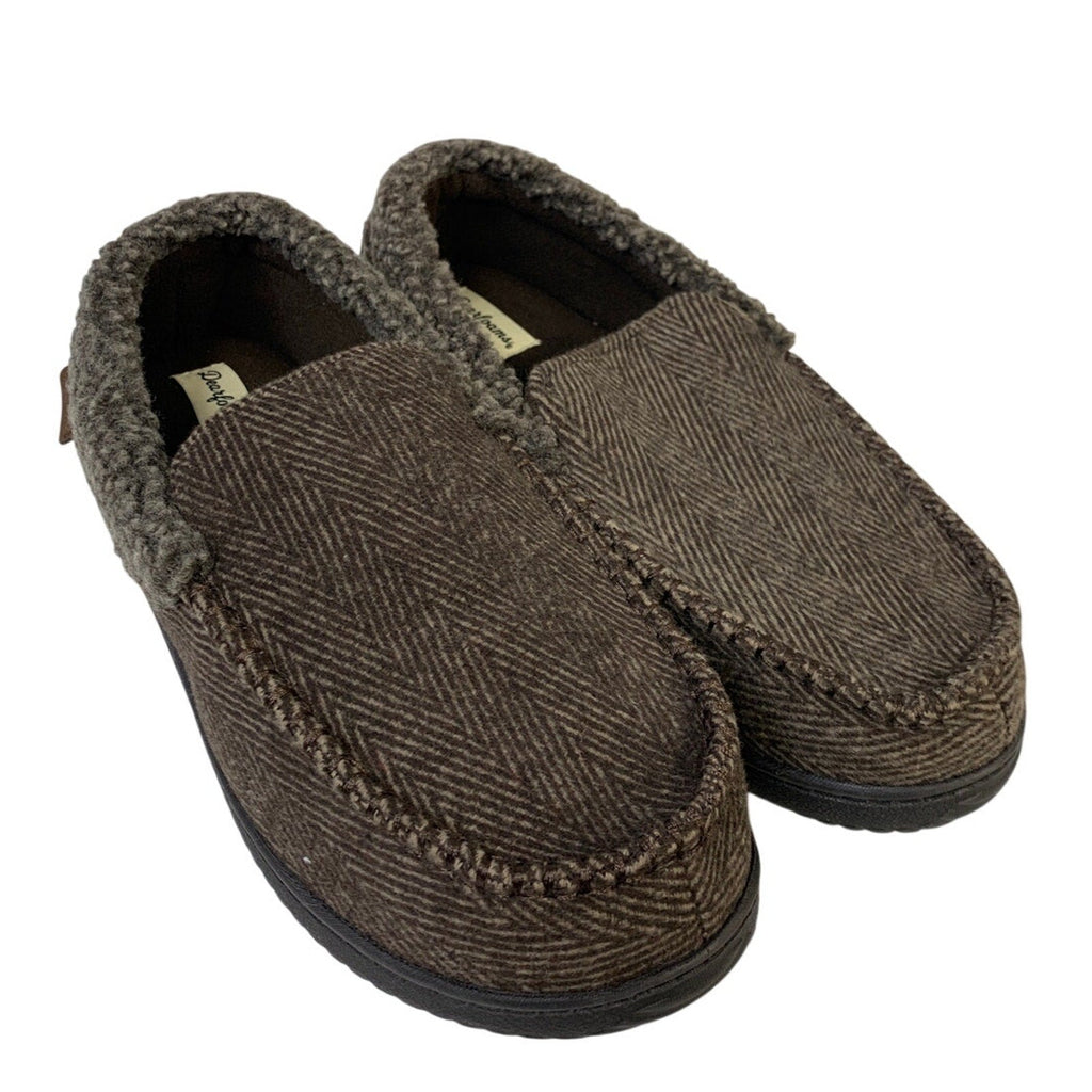 Dearfoams Mens Medium 9/10 Brown Tweed Memory Foam Washable Moccasin Slippers