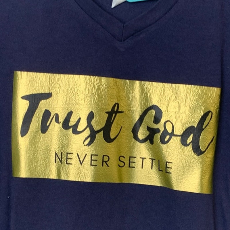New Upcycled Hand Printed Womens Small Navy Gold Trust God Never Settle Tee