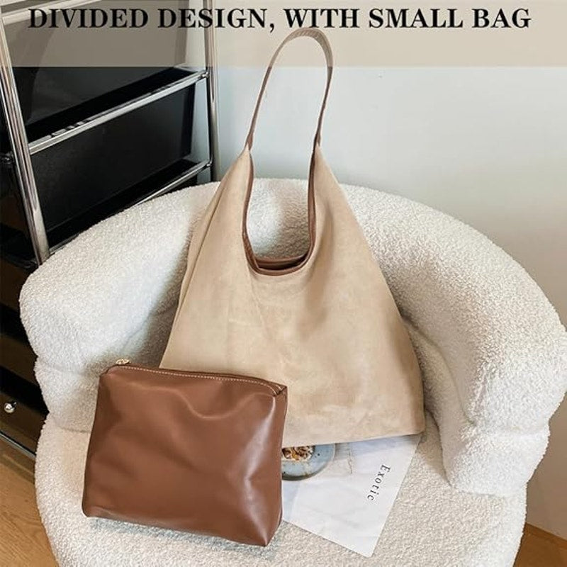 Womens Beige Suede Magnetic Closure Hand Bag w Small Brown Faux Leather Bag