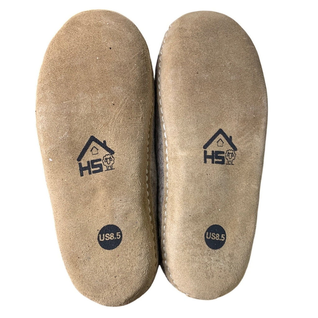 HS Womens 8.5 Gray Natural Organic Wool, Genuine Leather Sole Handmade Slippers