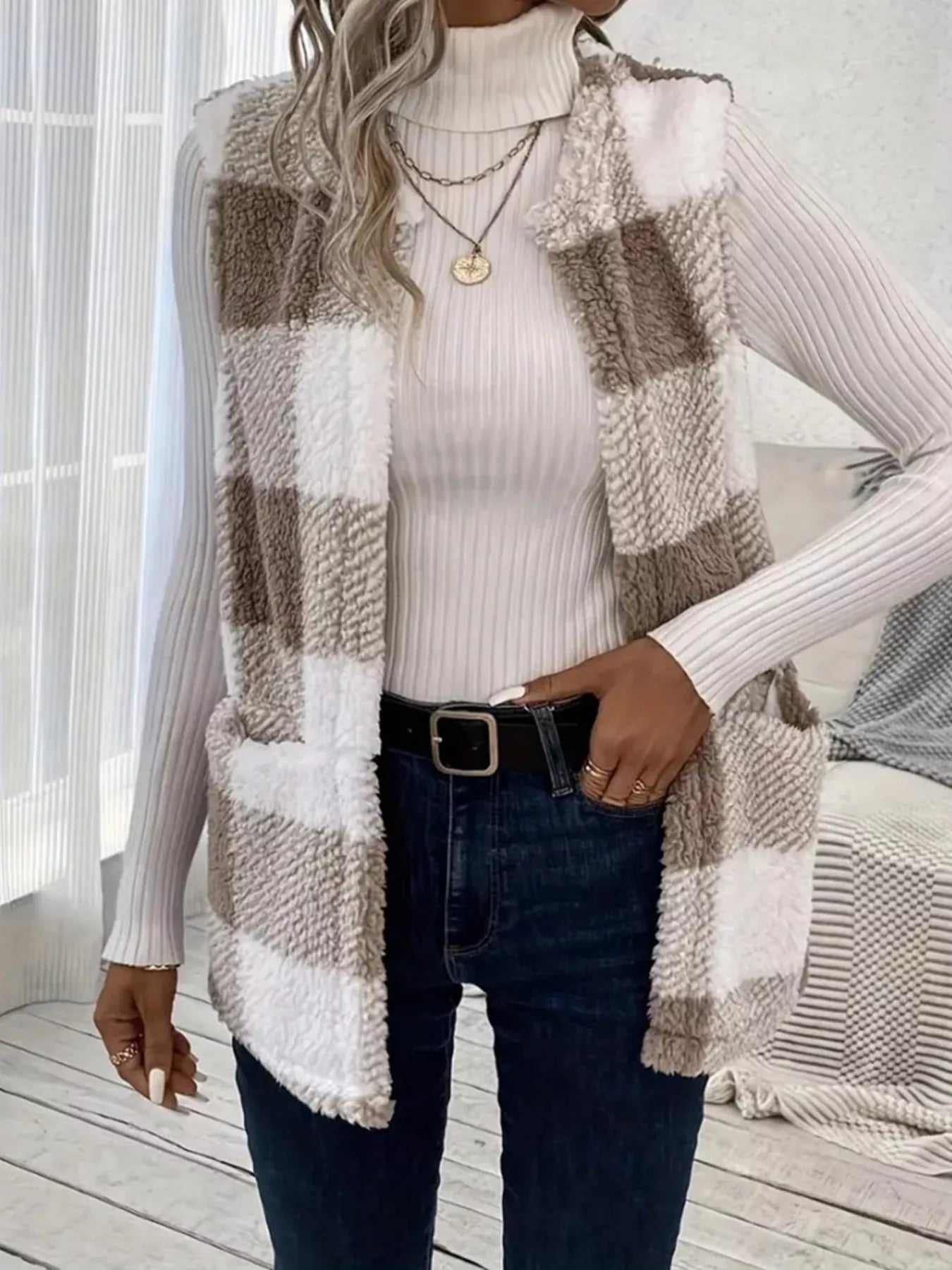 Cozy Plaid Sherpa Vest Coat