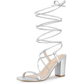 Allegra K Womens Size 9 Silver 3.5" Chunky Heel Lace Up Open Round Toe Shoes