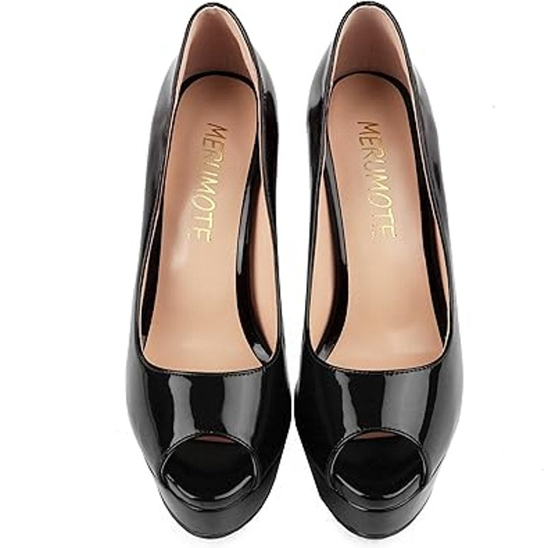 New Merumote Womens Size 7 Shiny Black Peep Toe 6" Platform Heel Stilletto Shoes