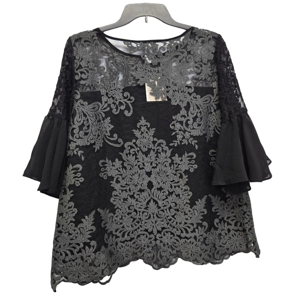 New Carmen Marc Valvo Womens Medium Nylon Lace Overlay Half Bell Sleeve Blouse