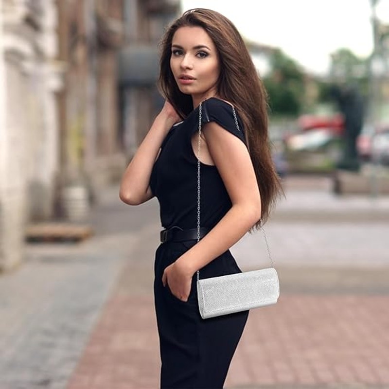 IovyoCoCo Womens Silver Glitter Magnetic Closure Chain Strap Handbag Clutch