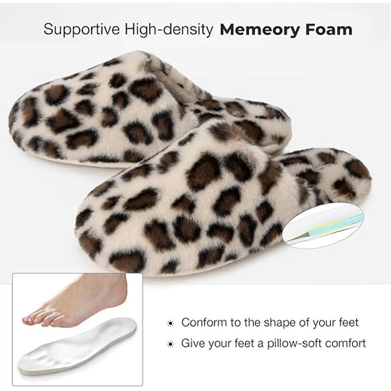 New Snug Leaves Womens 7/8 White Brown Leopard Spot Fuzzy Memory Foam Slippers