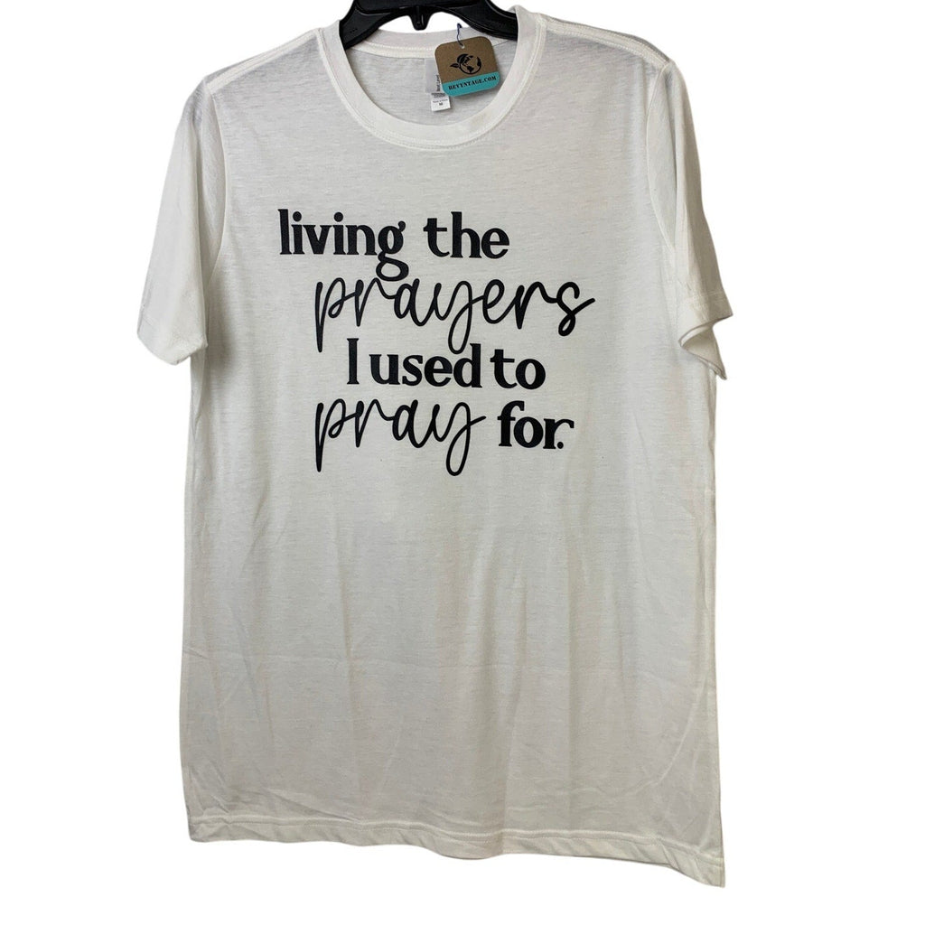 New Hand Printed Womens Medium White Living Prayer Pray PolyCotton Crew Neck Tee