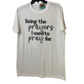 New Hand Printed Womens Medium White Living Prayer Pray PolyCotton Crew Neck Tee