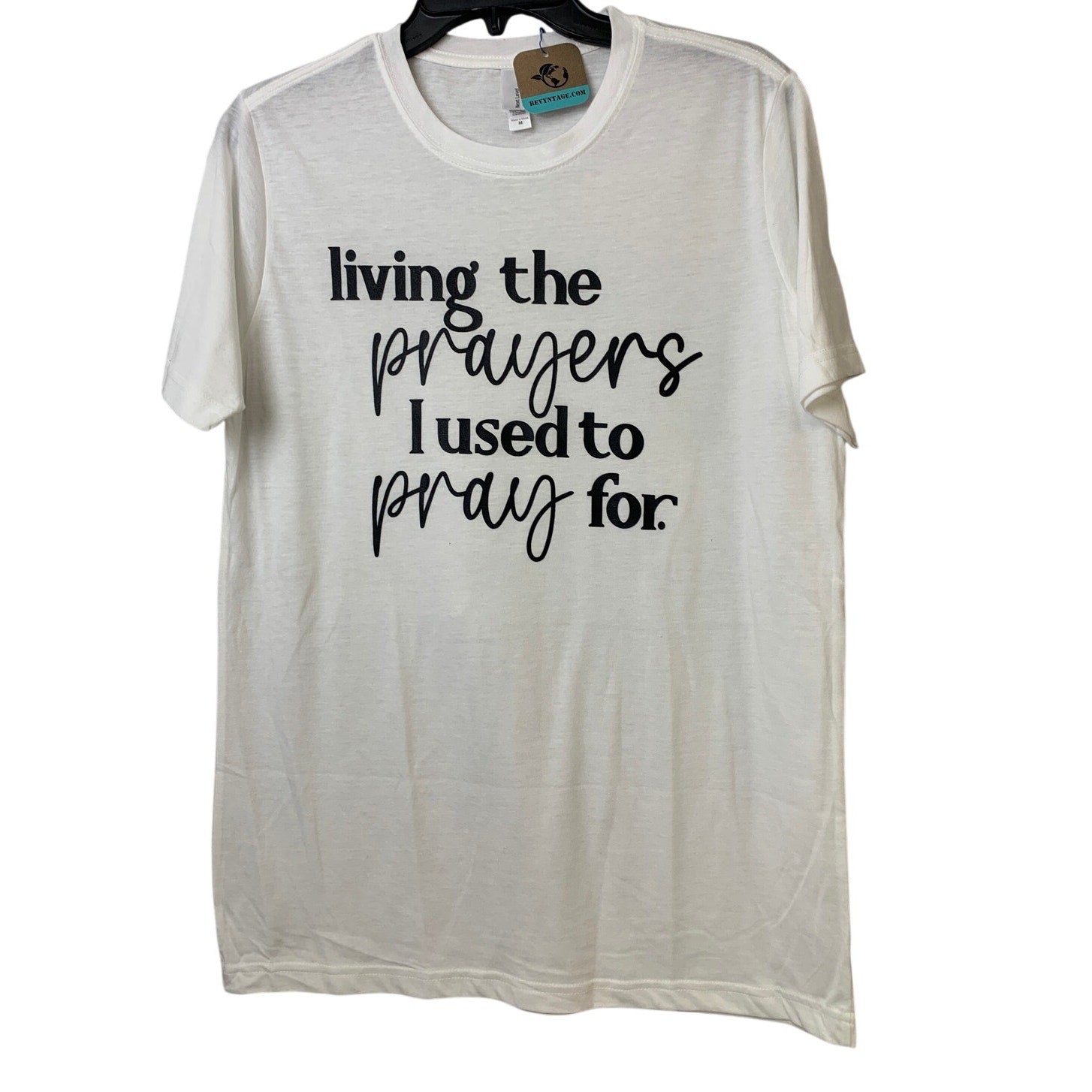 New Hand Printed Womens Medium White Living Prayer Pray PolyCotton Crew Neck Tee
