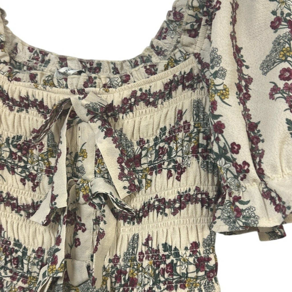New Francescas Womens Small Boho Cream Pink Floral Ruched Flowy Cottage Top