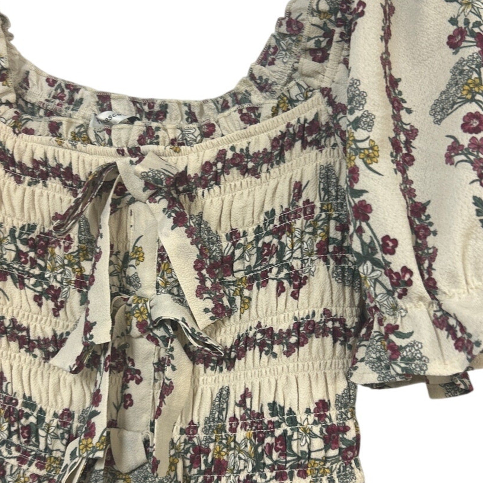 New Francescas Womens Small Boho Cream Pink Floral Ruched Flowy Cottage Top