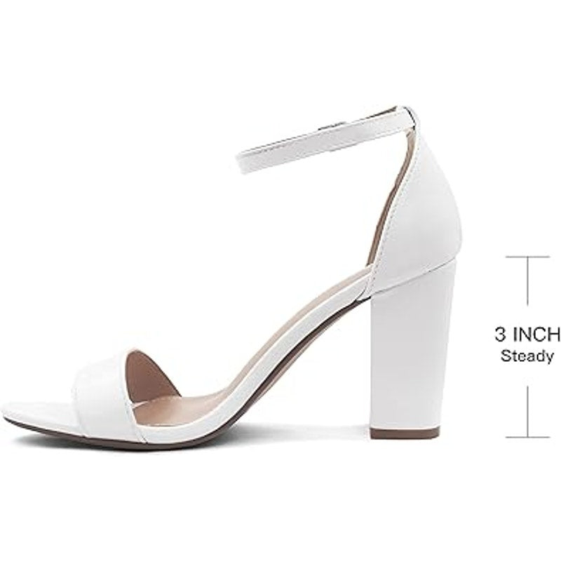 Party Womens 8 White Open Toe Ankle Strap 3.5" Block Heel Sandal Wedding Shoes