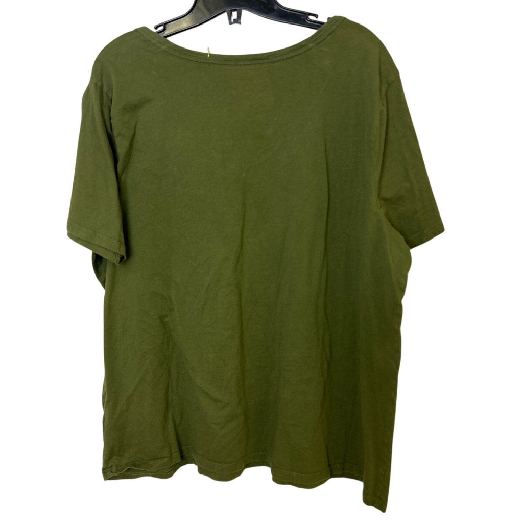 Upcycled Hand Printed Womens Size 1X Floral V Neck Short Sleeve Olive Tee Shirt