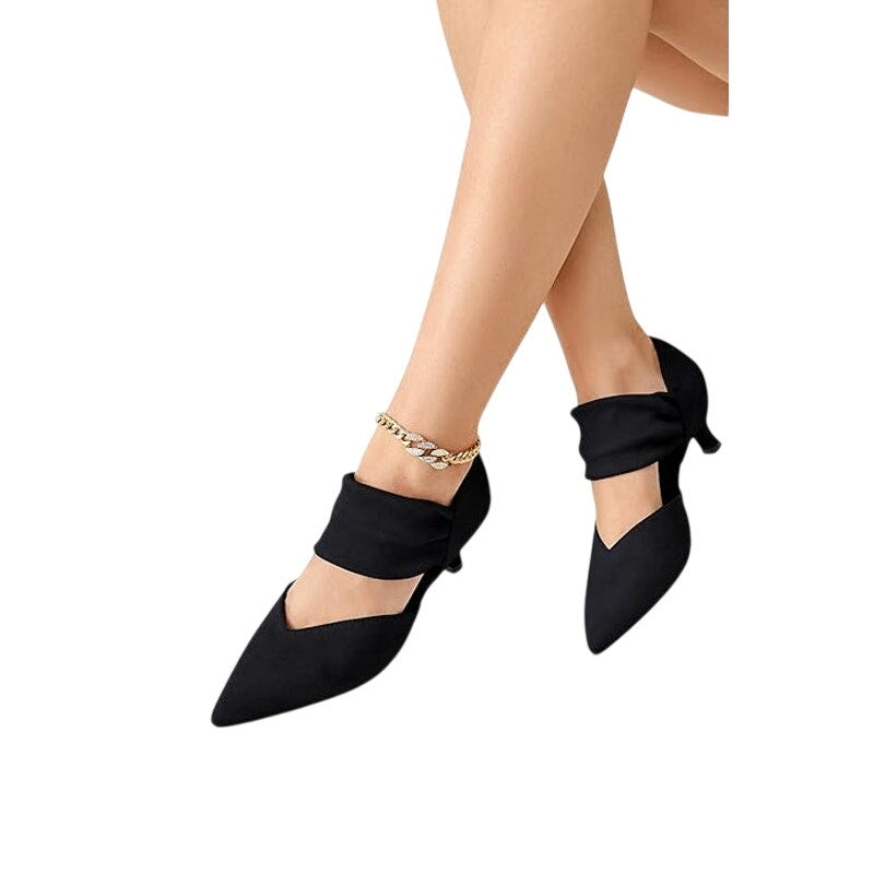 Coutgo Womens Size 8 Black Faux Suede Kitten Heel Pointy Toe Ankle Strap Shoes